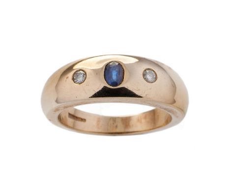 9ct gold gypsy ring set with a central sapphire, flanked by 2 diamonds, 11.9 grams, size Y.  