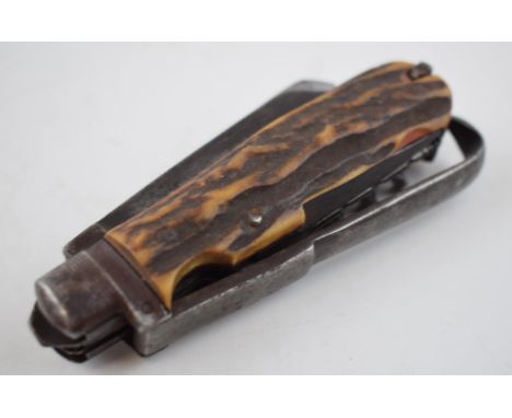 Victorian coachman's pocket knife with blade, saw and corkscrew etc, Sheffield, 11.5cm long.  