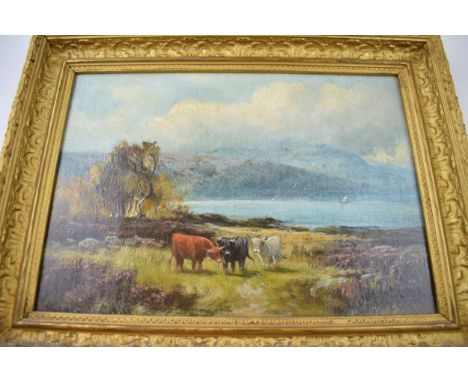 Henry Hadfield Cubley (1858-1934): an oil on panel of a mountainous scene featured Highland cattle, 'Near Corrie, Isle of Arr