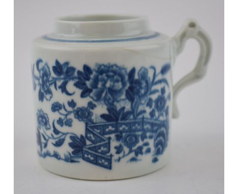 A late 18th century blue and white transfer-printed porcelain Worcester Fence pattern mustard pot, c. 1780.  Cracked.