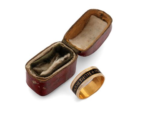 Local Interest / Leek: an interesting 18th century 22 carat gold mourning ring, with white enamelled decoration, dated 1799, 