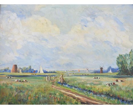 N Filbee oil on canvas panel of South Walsham Marshes, with St Benet Abbey in the distance, Norfolk Broads, 30cmx39cm, framed