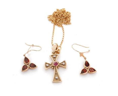 A 9ct yellow gold cross pendant marked .375 set with a ruby and four diamonds, on a 9ct gold chain together with a pair of ye