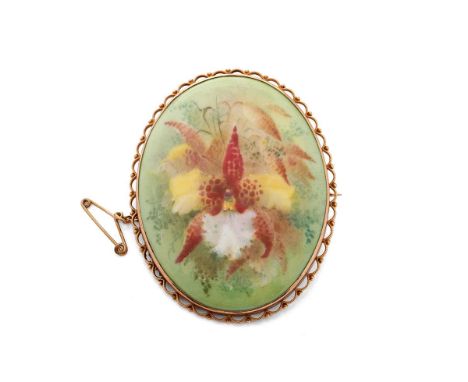 9ct gold cased painted porcelain miniature, with floral decoration, signed D Dewsberry, 58mm wide, with safety chain, 17.9 gr