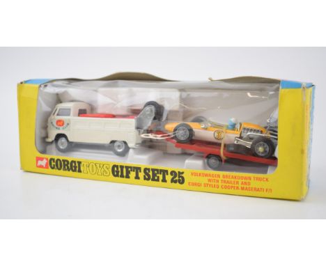 A boxed Corgi Toys Gift Set 25, Volkswagen Breakdown Truck with Trailer and Cooper-Maserati F/1. Trailer, spare tyres and num