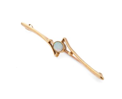 15ct gold bar brooch set with central opal, 3.8 grams, 64mm.  