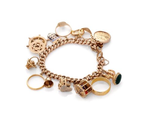 9ct rose gold charm bracelet with an interesting collection of charms to include a 22ct gold 1912 half sovereign, a 22ct gold