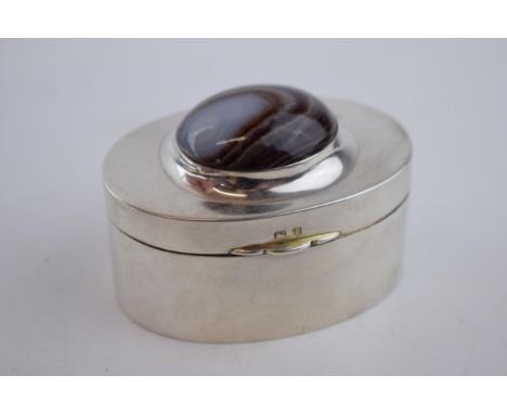 Hallmarked silver oval trinket box, Birmingham 1910/11, WHH, set with hardstone, 7cm wide.  