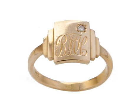 18ct gold ring set with diamond chip, engraved with initials, size X, 8.6 grams.  