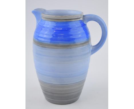Shelley Art Deco blue banded Harmony jug, printed factory backstamp, 20.5cm tall.  In good condition with no obvious damage o