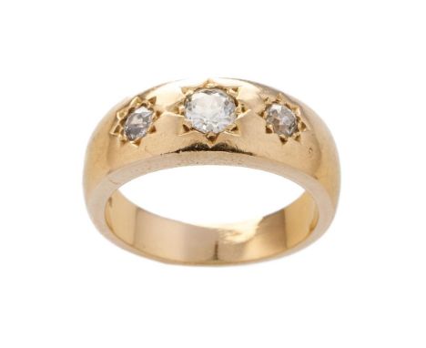 18ct gold large &amp; heavy 3 diamond gypsy set ring, weight 14g.  Total diamond weight 0.75ct approx. (45 points &amp; 2 x 1