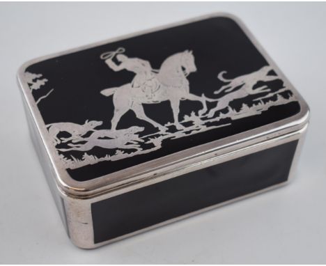 A black ceramic trinket box with inlaid decoration of a hunting scene, with huntsman and foxhounds, American sterling silver,