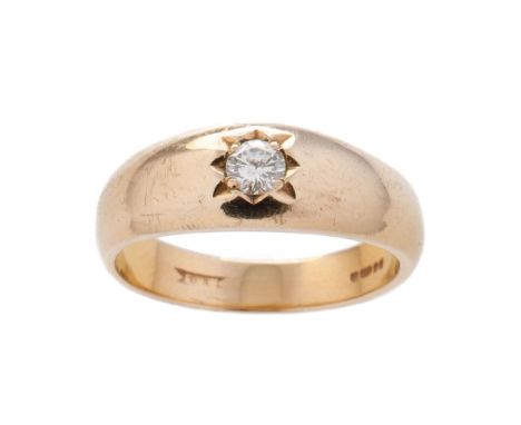 9ct gold hallmarked single diamond gypsy set ring, diamond measures 0.20 ct approx.  Weight 5.8g, ring size P.  