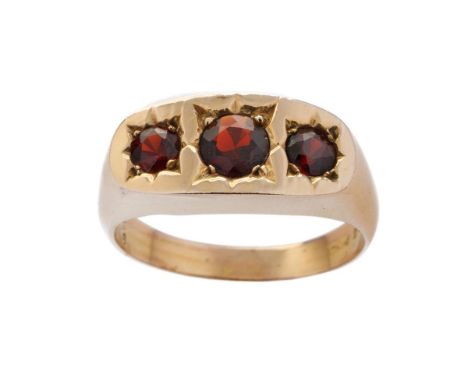 9ct gold gypsy ring set with 3 garnets, size Y/Z, 6.4 grams.  