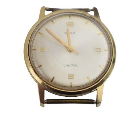 Saga gentleman's electric wristwatch, SAGA Electric Watch by TIMEX. Model 84.. Silvertone face, applied baton markers and num