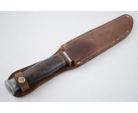 Vintage 'Original Bowie Knife' made in Japan, stainless steel Japan. Leather grip with original leather sheath. Length 27.5cm