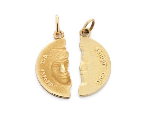 An 18ct his and hers moon pendant set. 'divisi ma sepre uniti', translates as 'divided but always united'. With both halves m