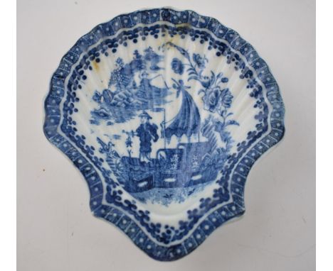 A late 18th century blue and white transfer-printed porcelain Worcester Fisherman and Cormorant pattern shell-shaped pickle d