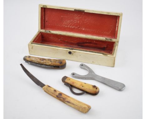 An early 20th century wooden box containing a bone handled Saynor Sheffield pruning pocket knife together with 2 other bone /
