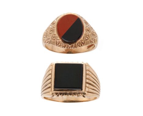 A pair of 9ct gold gents ring, one with square onyx inset, size R, with a similar example, size T/U, 11.6 grams (2).  