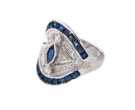 18ct white gold Art Deco style ring, set with 2ct of sapphire and 0.55ct of diamond, 8.5 grams, size O/P.  