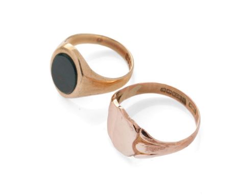 A 9ct rose gold signet ring, vacant cartouche, size Y, with a 9ct gold signet ring set with agate, size Q, 6.8 grams (2).  