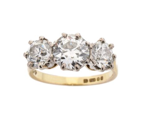 18ct yellow gold diamond 3 stone ring, total diamond weight circa 3.59ct, with single central 1.75ct transitional round brill