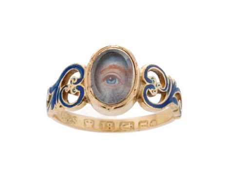 18ct gold antique mourning ring, with blue enamelled decoration featuring an eye, 3.3 grams, size M, 'In Memory Of'.  