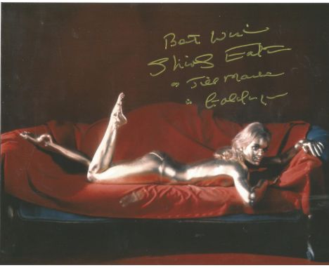 James Bond Shirley Eaton signed sexy covered in gold photo on sofa, from Goldfinger, she has added the screen name Jilly Mast