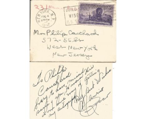 Maurice Rocco signed card. Musician. Dedicated. Signed on vintage 3 x 2 inch cream card. Comes with original mailing envelope