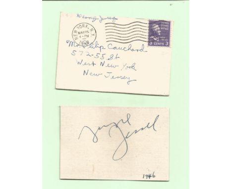George Jessel signed card. Actor. Signed on vintage 3 x 2 inch cream card. Comes with original mailing envelope dated 1946. H