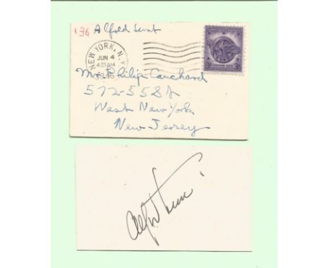 Alfred Lunt signed card. Actor. Signed on vintage 3 x 2 inch cream card. Comes with original mailing envelope dated 1946. Has