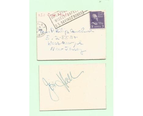 Jon Hall signed card. Actor. Signed on vintage 3 x 2 inch cream card. Comes with original mailing envelope dated 1946. Has Bi