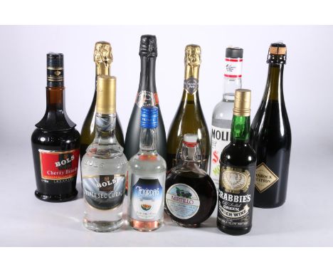 Ten bottles of drink including Bols cherry brandy 70cl 24% abv. Bols triple sec curacao liqueur 50cl 39% abv. Molinari Sambuc