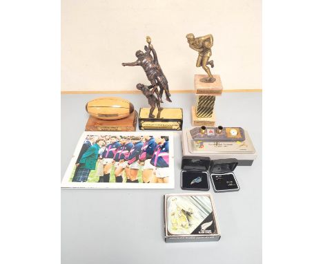 Rugby Union Interest G.K.Smith. Three Rugby Union trophies, New Zealand cufflinks, coasters and brooch and a photograph of Pr