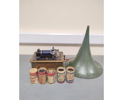 c1900s Edison Standard Phonograph Model C on wooden base with green enamelled trumpet horn and five cylinder records. A/F&nbs