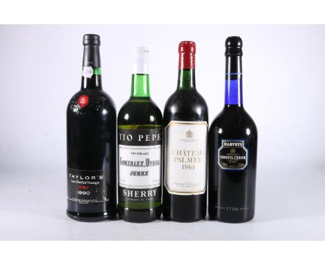 Bottle of Taylor's LBV Late Bottle Vintage port 1990 1litre 20% abv. Chateau Palmer 1964, bottled by Justerini and Brooks Ltd