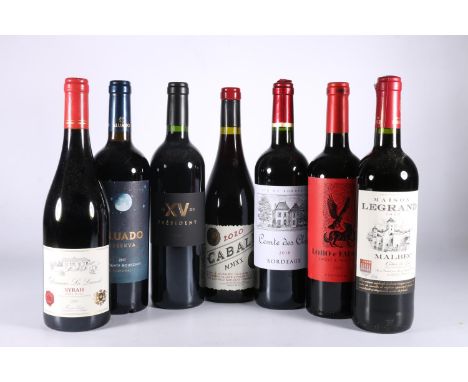 Seven bottles of red wine including Aludo Reserva 2017 Alicante Brouschet 75cl 13.5% abv. Le XV Du President 2021 75cl 14% ab