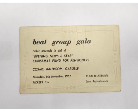 The Herd. Signed 9th November 1967 Cosmo Ballroom Carlisle ticket. The reverse bearing signatures for bandmembers Peter Framp