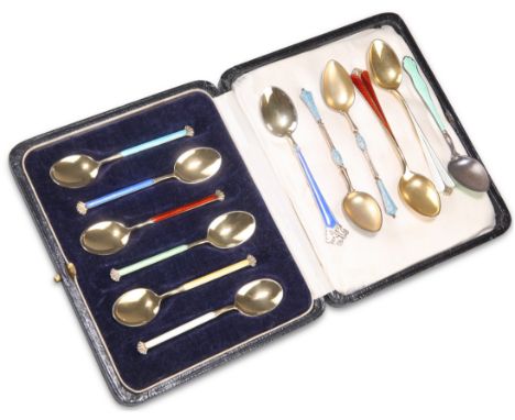 A SET OF SIX NORWEGIAN STERLING SILVER AND ENAMEL COFFEE SPOONS, by Aksel Holmsen, cased; together with TWO DAVID ANDERSEN ST