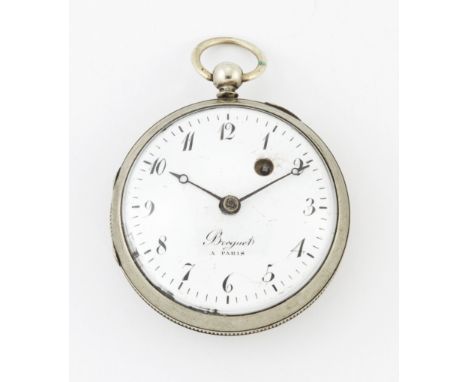 A WHITE METAL OPEN FACE POCKET WATCH, FOR SPARES OR REPAIRS, circular white enamel dial bearing a signature which reads Bregu