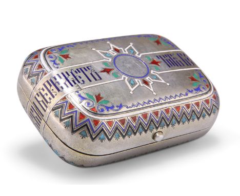 A 19TH CENTURY RUSSIAN SILVER AND ENAMEL SNUFF BOX, marks indistinct, of rounded rectangular form, picked out with red, blue,