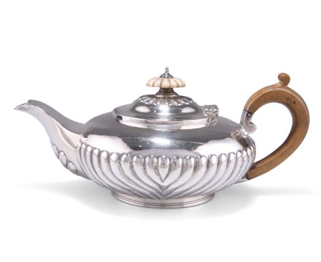 A GEORGE IV SILVER TEAPOT, by Rebecca Emes & Edward Barnard I, London 1827, squat melon form, gadrooned to sides, under spout