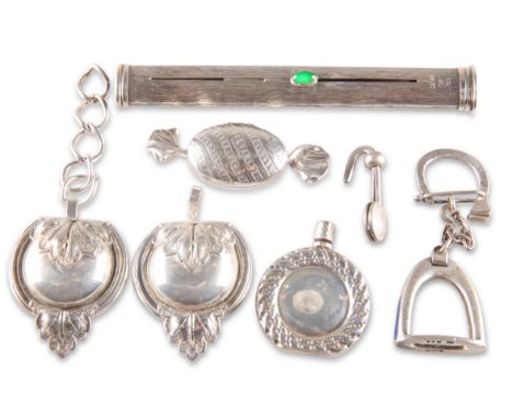 A GROUP OF ASSORTED SILVER, including a silver stirrup keyring, signed Gucci, London 1989; silver novelty sweetie pillbox, si