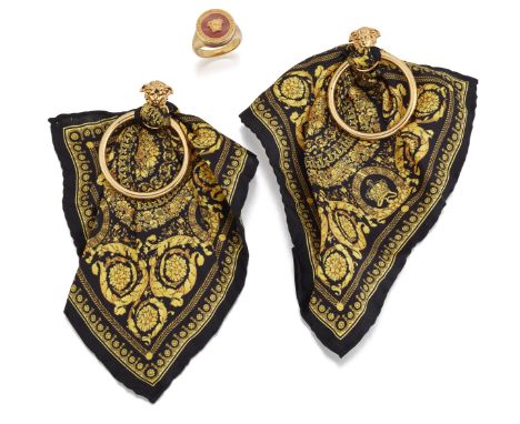 VERSACE - A PAIR OF BLACK AND GOLD BAROCCO SILK SCARF EARRINGS, tied to hoop and medusa head surmounts, with post fittings, 1