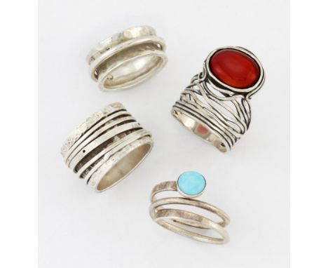 THREE MEXICAN SILVER RINGS, including TWO MEDITATION RINGS; and A TURQUOISE RING, each marked 'MEXICO', '925' and 'CII', ring