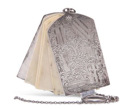 A VICTORIAN SILVER AND IVORY AIDE-MÉMOIRE,&nbsp;by Nathaniel Mills, Birmingham 1847,&nbsp;rectangular form, rounded corners, 