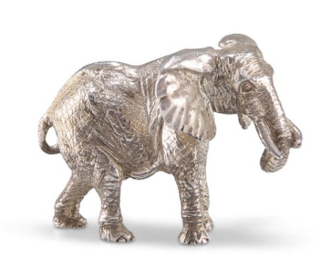 A STERLING SILVER ELEPHANT,&nbsp;by Patrick Mavros, Zimbabwe, modern, the miniature adult model with tusks realistically cast