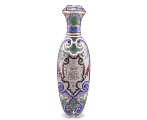 A 19TH CENTURY CONTINENTAL SILVER AND ENAMEL SCENT FLASK, probably French, indistinct mark, of torpedo form with hinged cover