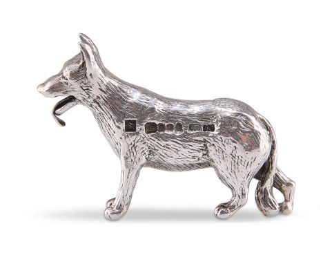 AN ELIZABETH II SILVER MODEL OF AN ALSATIAN, maker's mark indistinct,&nbsp;London 1977. 3cm high, 1 troy ounce